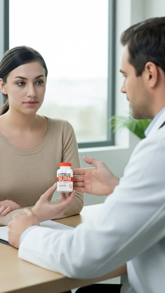 Male doctor in a clinic explaining CitrusBurn supplement to a female patient.